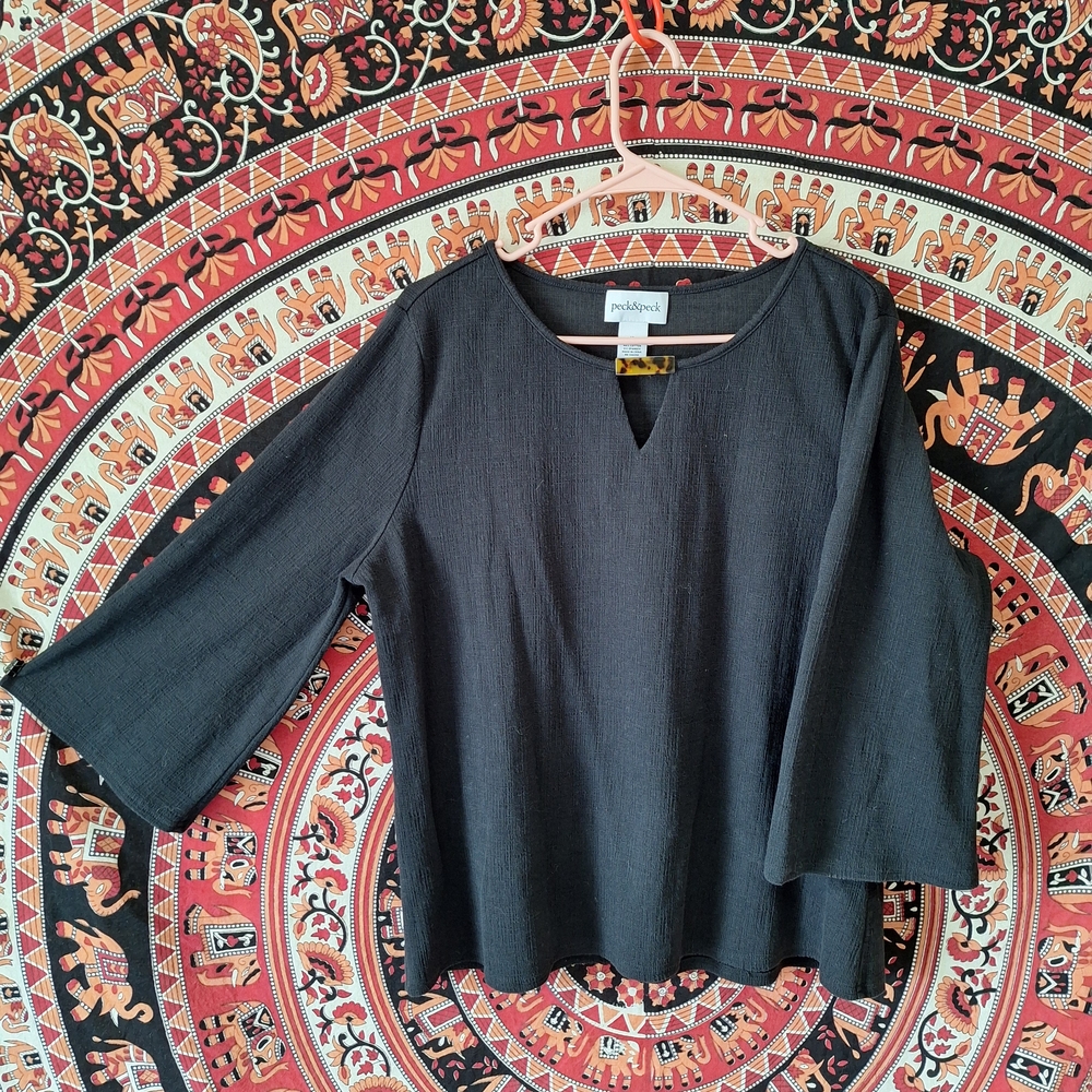 Peck & Peck Boxy 3/4 Sleeve Tunic Blouse Black XL